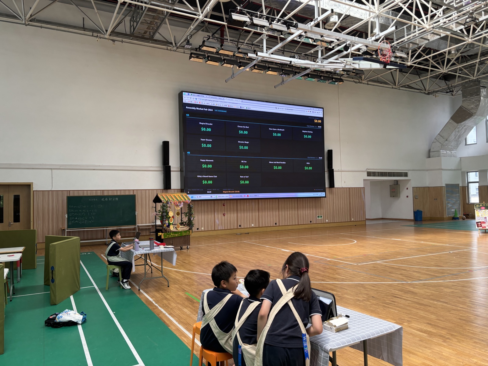 The school gym before the market opens, with the Trading Game live leaderboard on the big screen and students setting up their stalls