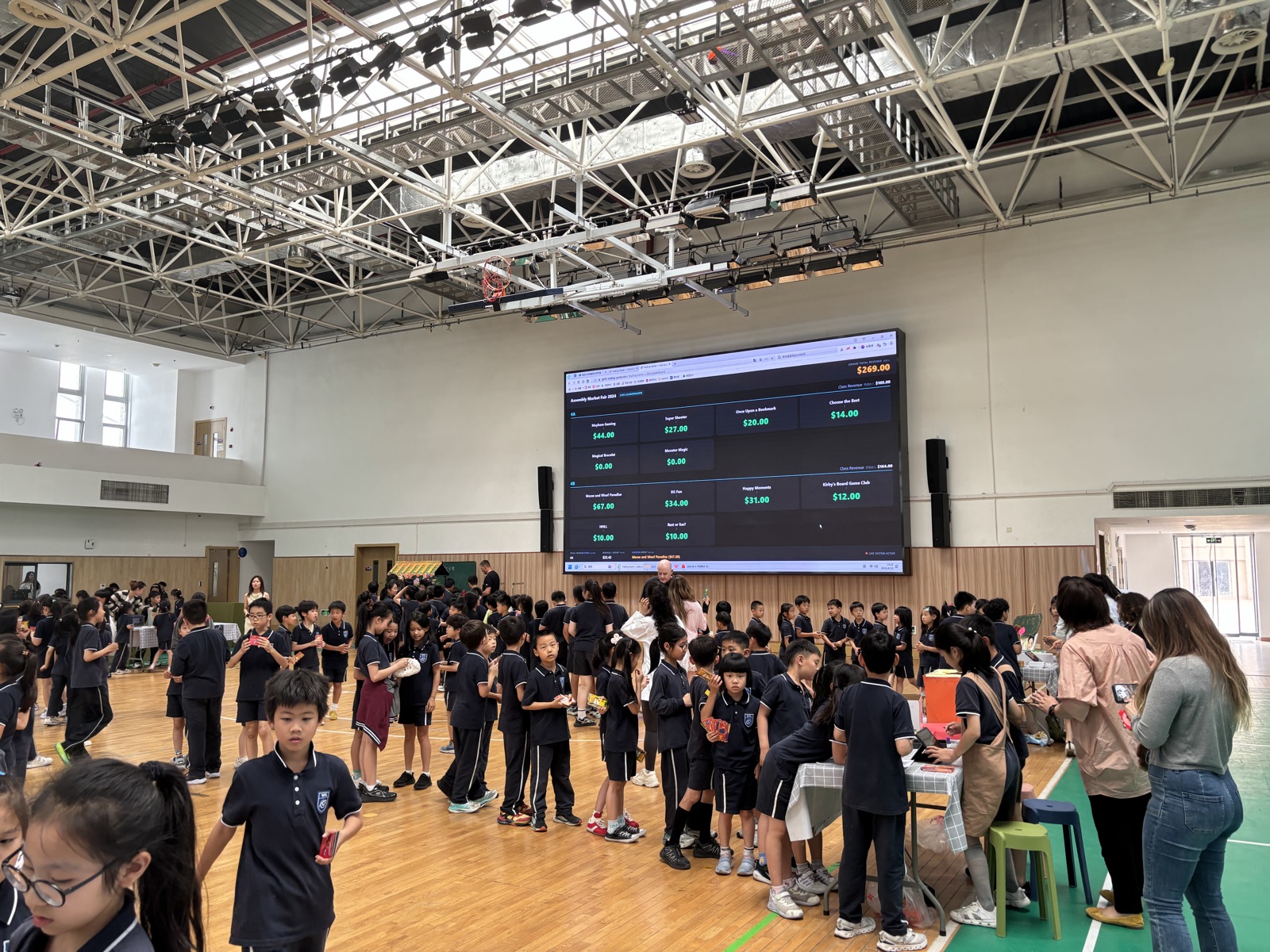 The market in full swing, with crowded student stalls and the live leaderboard showing real-time sales totals on the big screen